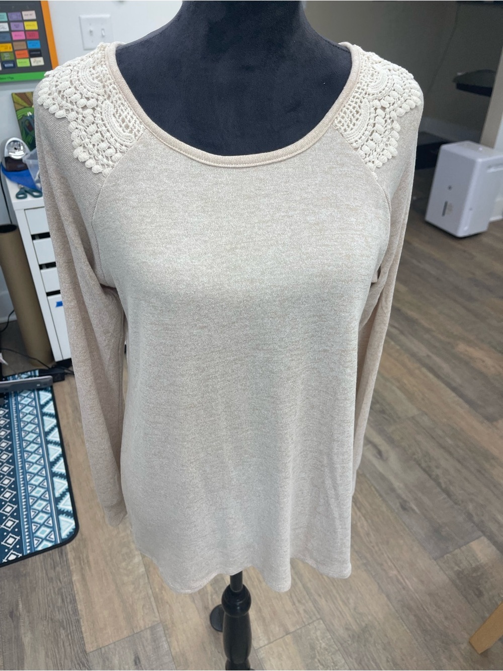 Lace-Shoulder Long Sleeve Top - Cream